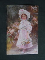Képeslap,Alois Hans Schram grafikai,művészet,gyerek modell,kalapos kislány,virág,1910-