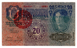 20 Korona Bankjegy 1913 II. kiadás Magyarország bélyegzéssel F