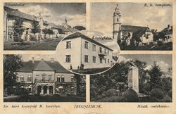 Régi képeslap - Iregszemcse, Utcarészlet, R.k. templom Községháza, Dr. báró Kornfeld M. kastélya, ..