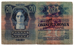 20 Korona Bankjegy 1913 I. kiadás bélyegzéssel VG