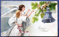 Antik Karácsonyi üdvözlő  litho  képeslap - angyal , ezüst harang , fenyőág
