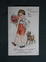 Képeslap,litho,grafikai,művészet,gyerek modell,kisfiú,virág,kutya,ünnep,névnapi,1940-