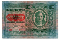 100 Korona Bankjegy 1912 Deutschösterreich felülbélyegzéssel VF