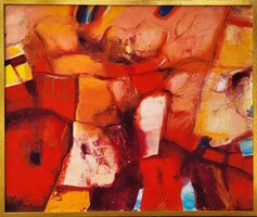 103x83cm! Papp Gábor (1936 - ) Vörösben 70"-évek c. Képcsarnokos festménye EREDETI GARANCIÁVAL !