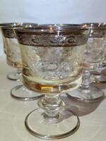 Murano Medici platina ezüst festett szélű csiszolt boros italos üveg kristály pohár készlet 6 darab