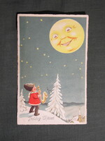 Képeslap,litho,grafikai,művészet,gyerek modell,kisfiú,hangszer,trombita,hold,ünnep,újévi,1930-