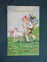 Képeslap,grafikai,művészet,gyerek modell,kisfiú,virág,nyúl,bárány,ünnep,húsvéti,1930-
