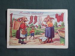 Képeslap,grafikai,művészet,nyúl család,nagymosás,ünnep,húsvéti,1930-