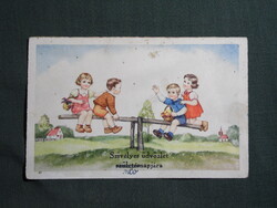 Képeslap,grafikai,művészet,gyerek modell,kisfiú,kislány,virág,hinta,ünnep,névnapi,1940-