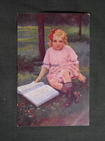 Képeslap,František Klimeš grafika,művészet,gyerek modell,masnis kislány,1917-