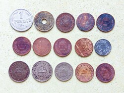 Magyarország 15 db Különböző Érme 2 10 20 Fillér 1 Pengő 1893-1944
