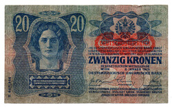 20 Korona Bankjegy 1913 II. kiadás Deutschösterreich bélyegzés F
