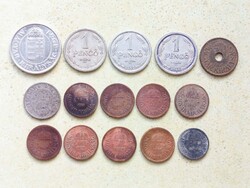 Magyarország 15 db Különböző Érme 2 10 20 Fillér 1 2 Pengő 1926-1944