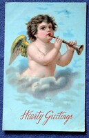 Antik üdvözlő  litho  képeslap - zenélő angyalka