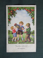 Képeslap,grafikai,művészet,gyerek modell,kisfiú,kislány,hangszer,dob,trombita,névnapi,1940-