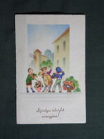 Képeslap,grafikai,művészet,gyerek modell,kisfiú,hangszer,dob,hegedű,szerenád,ünnep,névnapi,1940-