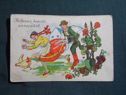 Képeslap,grafikai,művészet,fiú,lány modell,tyúk,virág,népviselet,ünnep,húsvéti,1930-