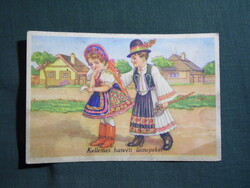 Képeslap,Túry József grafika,művészet,gyerek modell,kislány,kisfiú,népviselet,ünnep,húsvéti,1940-