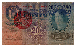20 Korona Bankjegy 1913 II. kiadás Magyarország bélyegzéssel VG