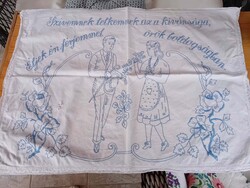 Régi, hímzett, szöveges konyhai vászon falvédő, 76x54