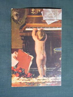 Képeslap,grafikai,művészet,gyerek modell,kisfiú,kislány,hangszer,zongora,1920-