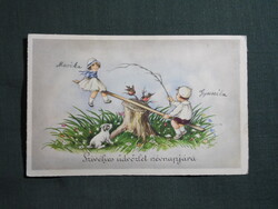 Képeslap,grafikai,művészet,gyerek modell,kisfiú,kislány,kutya,hinta,madár,ünnep,névnapi,1940-