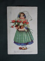 Képeslap,litho,grafikai,művészet,gyerek modell,kislány,virág,népviselet,ünnep,névnapi,1930-