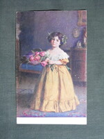 Képeslap,Geiger grafika,művészet,gyerek modell,kislány,virág,1910-