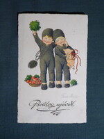Képeslap,litho,Pauli Ebner grafikai,gyerek modell,kisfiú,kislány,malac,kéményseprő,ünnep,újévi,1920-
