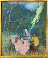 Bodóczky István (1943 - ) Beszélgetők c. Képcsarnokos olajfestménye EREDETI GARANCIÁVAL !