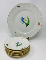 Herendi jelzett Kitty mintás porcelán tányérkészlet fonott mintás peremmel 1+6 db