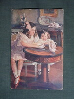 Képeslap,R. Miller grafika,művészet,gyerek modell,kislány,teadélután,1920-