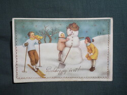 Képeslap,grafikai,művészet,gyerek modell,kislány,kisfiú,hóember,ünnep,újévi,1940-