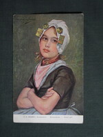 Képeslap,Carl Andreas Seeber grafika,művészet,gyerek modell,kislány,népviselet,1920-