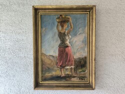 P.Bak János hölgy fején kosarat vivő hölgy tájban cimű festménye, alkotása