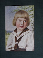 Képeslap,C. Priem grafika,művészet,gyerek modell,tengerészblúzos kislány,1920-