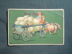 Képeslap,litho,grafikai,művészet,gyerek modell,kisfiú,malac szekér,ünnep,újévi,1910-