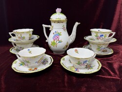 Herendi Viktória mintás pillangós 7 darabos porcelán kávéskészlet, csésze, csésze alj, kávés kanna