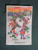 Képeslap,grafikai,művészet,gyerek modell,kislány,patkó,ünnep,újévi,1940-