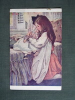 Képeslap,Jessie Willcox Smith grafika,művészet,gyerek modell,kislány,baba,1910-