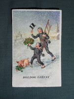 Képeslap,litho,grafikai,művészet,gyerek modell,kisfiú,malac,kéményseprő,ünnep,újévi,1930-