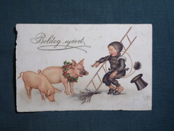 Képeslap,litho,grafikai,művészet,gyerek modell,kisfiú,malac,kéményseprő,ünnep,újévi,1930-
