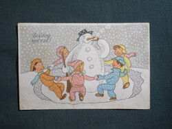 Képeslap,grafikai,művészet,gyerek modell,kislány,kisfiú,hóember,ünnep,újévi,1950-