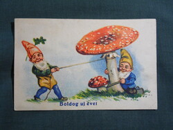 Képeslap,litho,grafikai,művészet,törpe,manó,gomba,ünnep,újévi,1920-