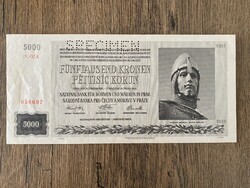 Cseh Morva Protektorátus 5000 Korona 1944 Minta AUNC-