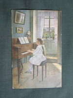 Képeslap,Ed Kubicek grafika,művészet,gyerek modell,kislány,hangszer,zongora,1920-