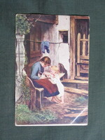 Képeslap,Paul Schad grafika,művészet,gyerek modell,kislány,kisfiú,cica,macska,katona levél,1917-