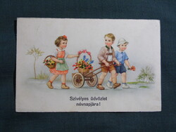 Képeslap,litho,grafikai,művészet,gyerek modell,kisfiú,kislány,virág,ünnep,névnapi,1930-