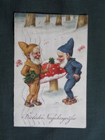 Képeslap,litho,grafikai,művészet,törpe,manó,gomba,ünnep,újévi,1920-