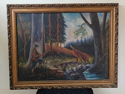 Old, signed hunting scene 70x50 cm Oil/Canvas Painting. Car, toy exchange also interested